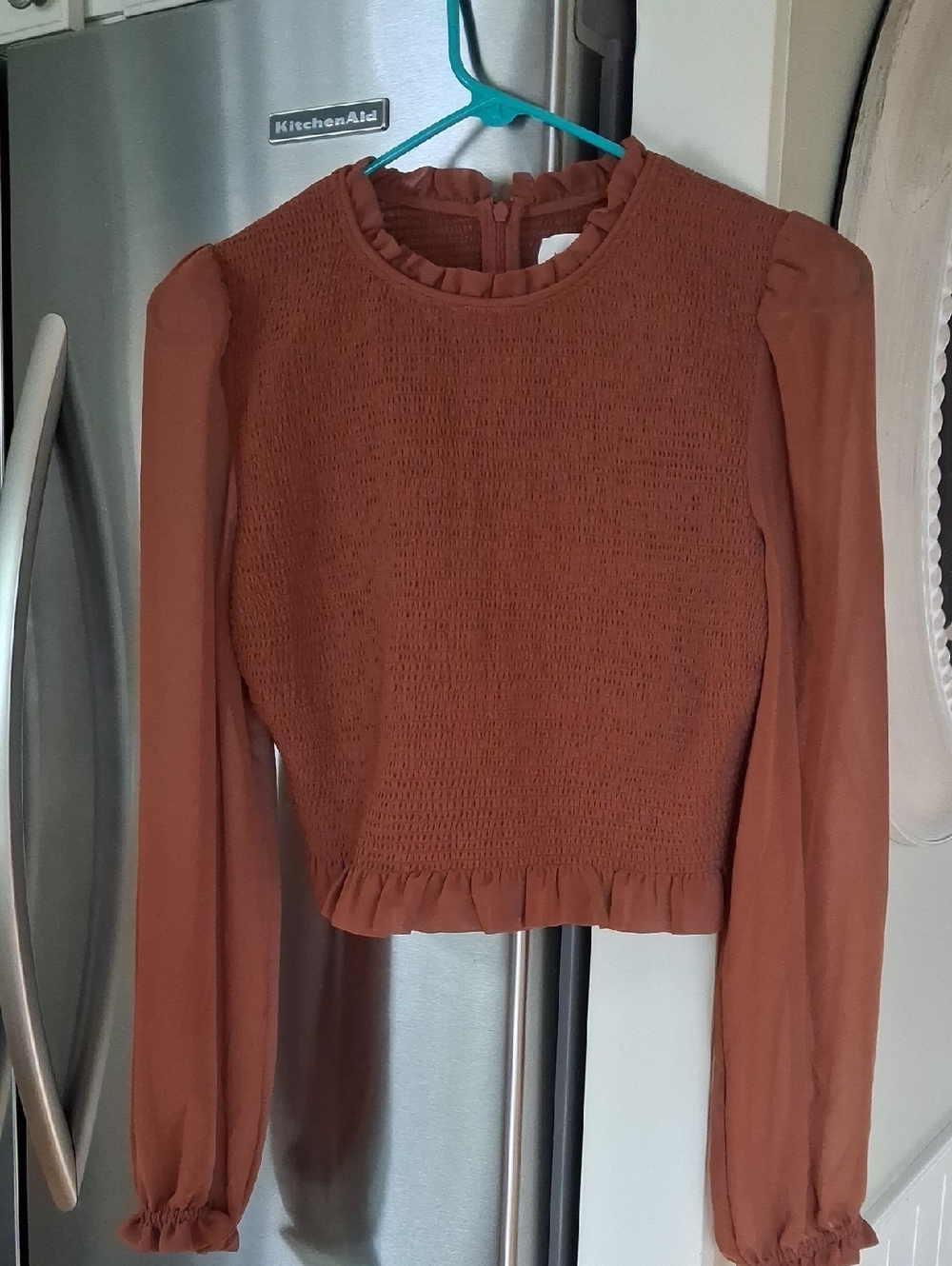 Wilfred Rust Smocked Ruffle Long-Sleeve Top. NWT. Left Sleeve Has A Pull.